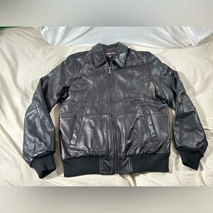 Michael Kors Black Leather Bomber Jacket Medium Y2K Heavyweight Full Zip